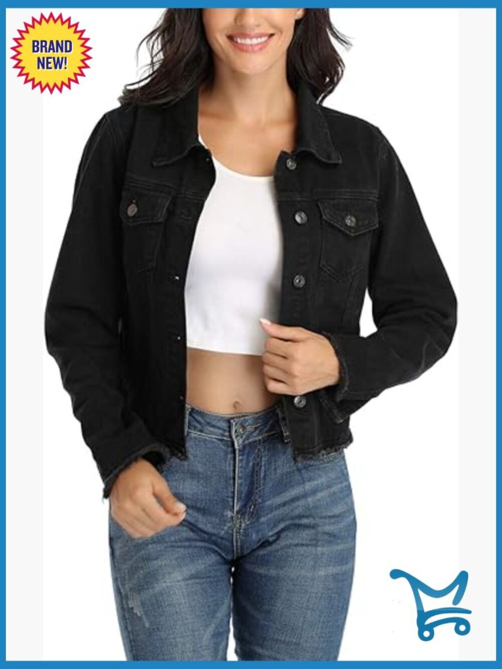 Frayed Washed Cropped Denim Jacket with Side Pockets